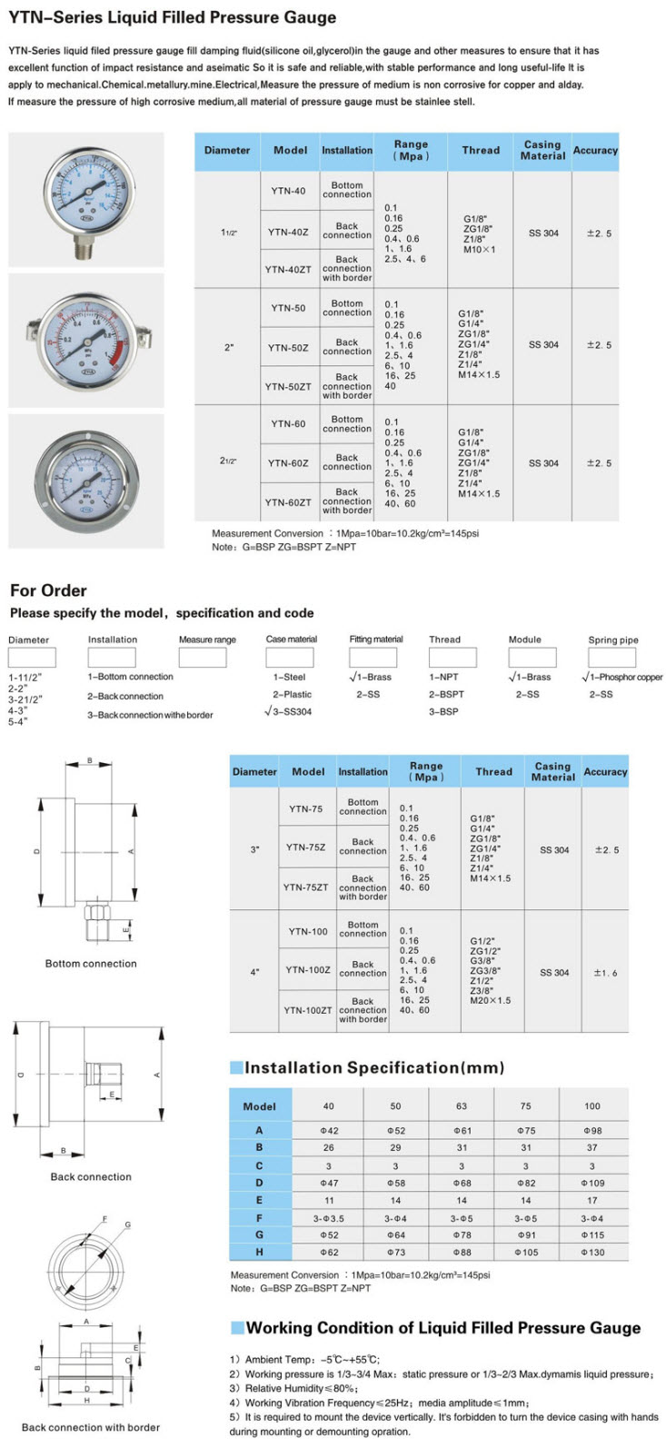 Đồng hồ đo áp YTN Series Kingtai Zyia